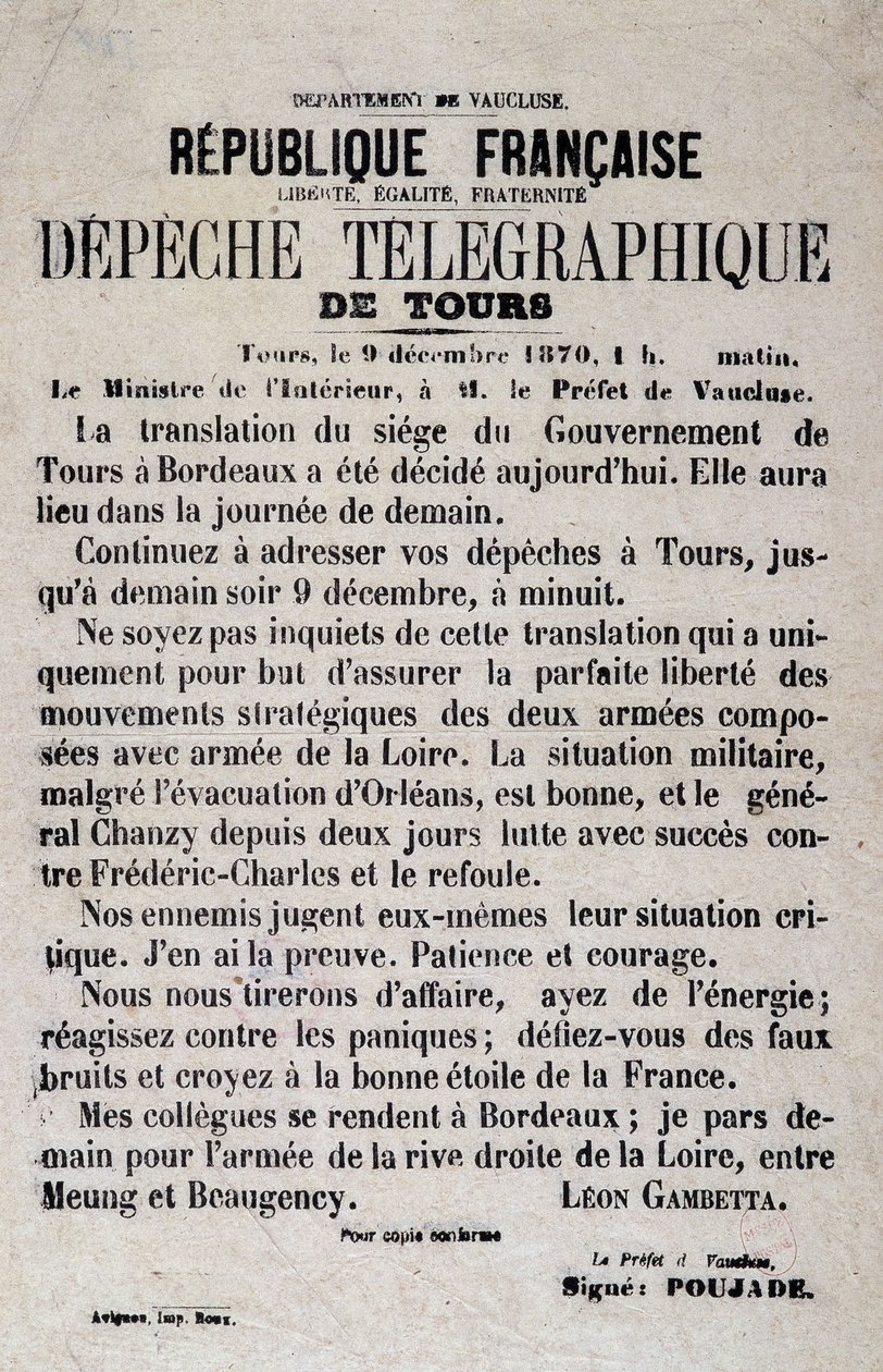 Léon Gambettan lennätysuutiset Toursista 12.9.1870. tekijältä Anonymous Anonymous