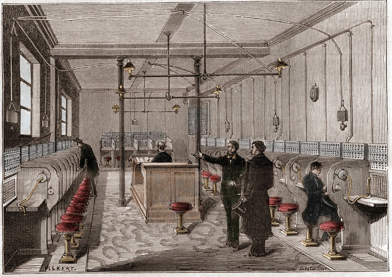 Edison Gower-Bell -tietoliikennejärjestelmän mukaan rakennettu puhelinkeskus - ensimmäinen keskuspuhelin Pariisissa vuonna 1879 - amerikkalaisen Frederick Gowerin järjestelmä - kaiverrus "" La nature"" de 1880 tekijältä Anonymous Anonymous