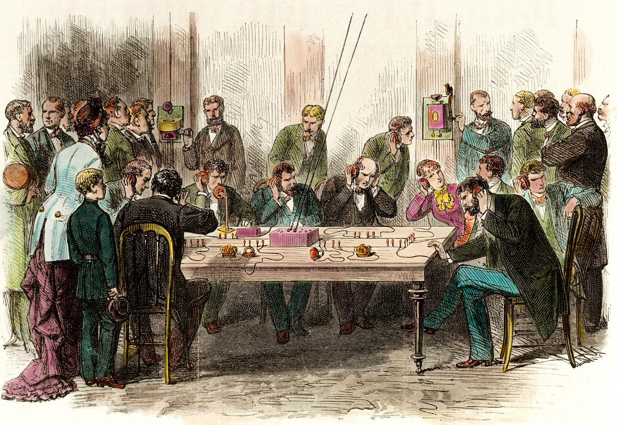 Puhelinkokemus Saint Lazare (Saint-Lazare) -aseman odotushuoneessa Pariisissa 6.9.1879. Kaiverrus 1800-luvun yksityisestä kokoelmasta tekijältä Anonymous Anonymous