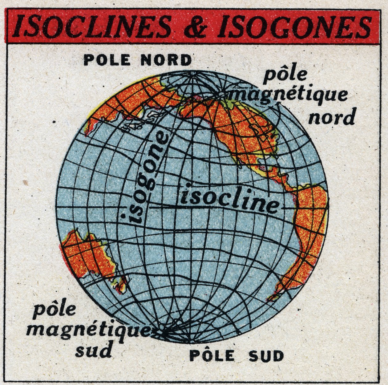 Maan magnetismi: Magneettinen kartta, jossa näkyy isokliinit ja isogonit. Anonyymi kuvitus vuodelta 1925. Yksityiskokoelma. tekijältä Anonymous Anonymous