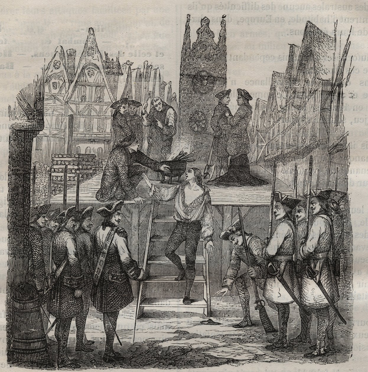 Chevalier Francois-Jean Lefebvre de La Barre (Francois Jean Lefebvre de LaBarre) nousemassa scaffaudiin vuonna 1766. Kaiverrus kirjaan "Vankiloiden historia niiden luomisesta nykypäivään" (1877), Pierre Zaccone (1817-1895) (Colonia Penale - Rangaistussiirt tekijältä Anonymous Anonymous