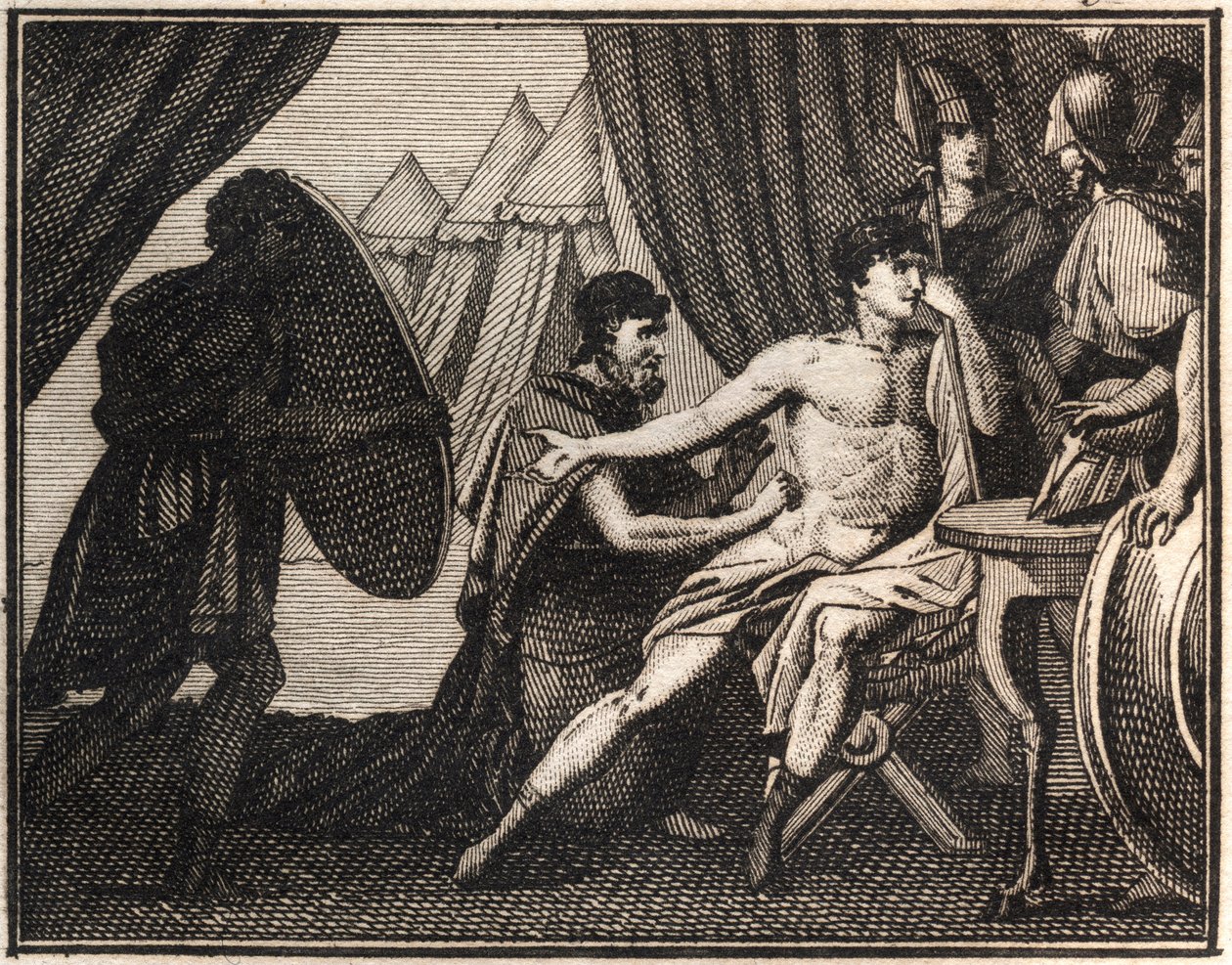 Epaminondasin kuolema (Spartans-taistelun jälkeen Mantineiassa 362 eKr.). Kaiverrus teoksesta "Nuoruuden Rollin tai valikoituja antiikin ja roomalaisia tarinoita" 1816. Yksityinen kokoelma. tekijältä Anonymous Anonymous