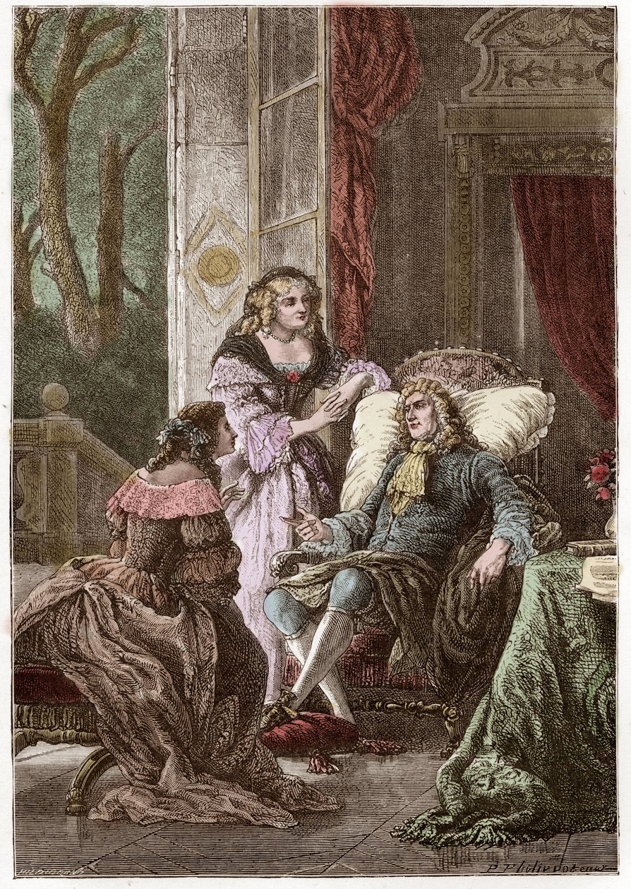 Herttua Francois de La Rochefoucauld (1613-1680), markiisirouva de Sevigne (1626-1696) ja kreivitär de La Fayette (1634-1693), ranskalaiset kirjailijat - Hildebrandin kaiverrus P. Philippoteaux
