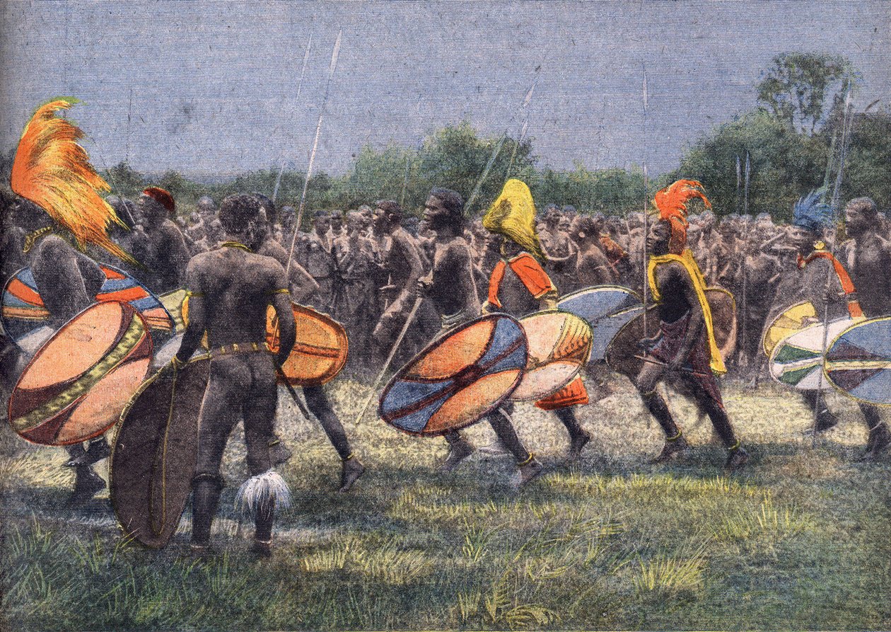 Yhdysvaltain entisen presidentin Theodore Rooseveltin (1858 - 1919) retkikunta Afrikkaan: Warrior Dance Ugandassa. Kaiverrus. Yksi sanomalehdestä "" Le petit parisien"" 24.4.1910. Yksityinen kokoelma. tekijältä Anonymous Anonymous