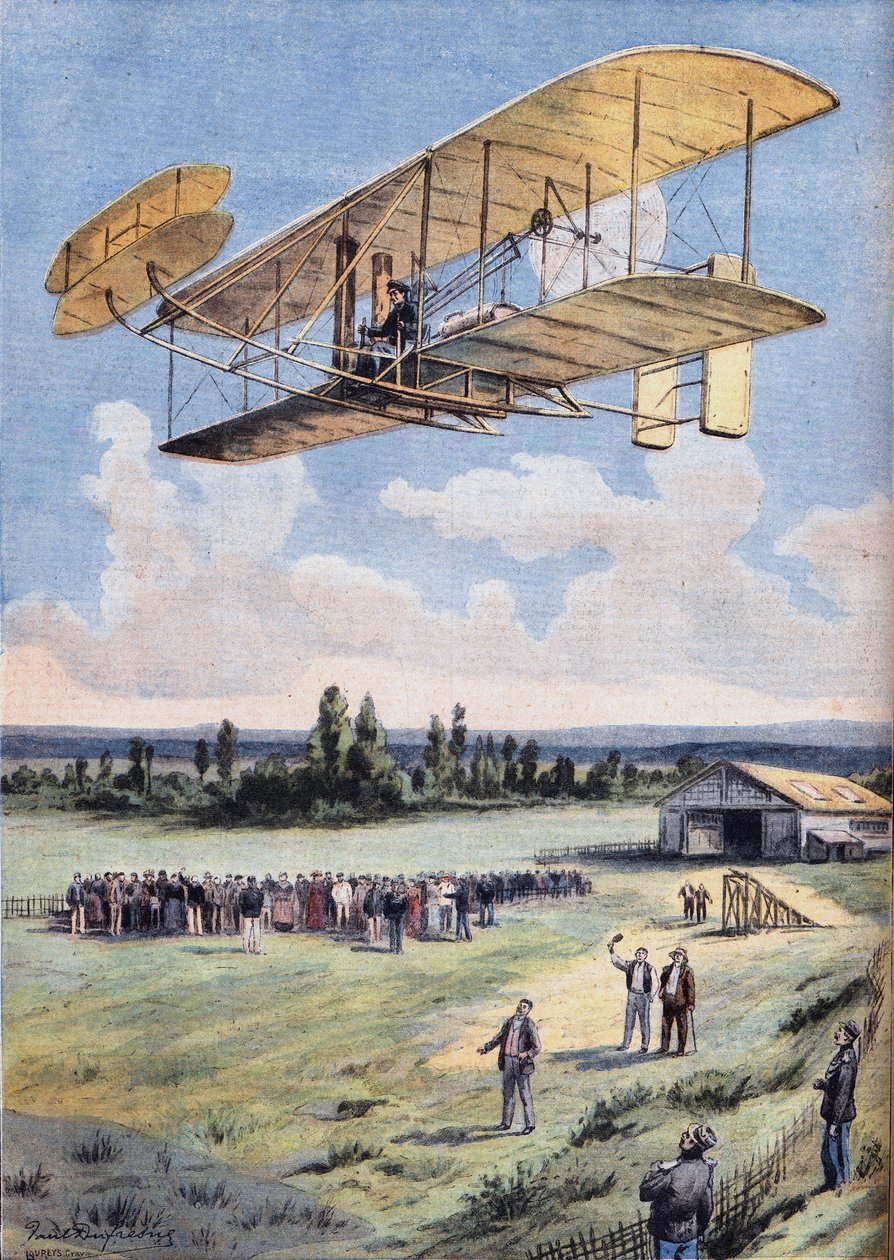 Lentävät miehet: Wilbur Wrightin (1867-1912) kokemuksia Hunaudieres-kilparadan yläpuolella, lähellä Le Mansin kaupunkia. Kaiverrus sanomalehdestä "" Le Peute Parisien"", 30.8.1908. Yksityinen kokoelma. tekijältä Anonymous Anonymous
