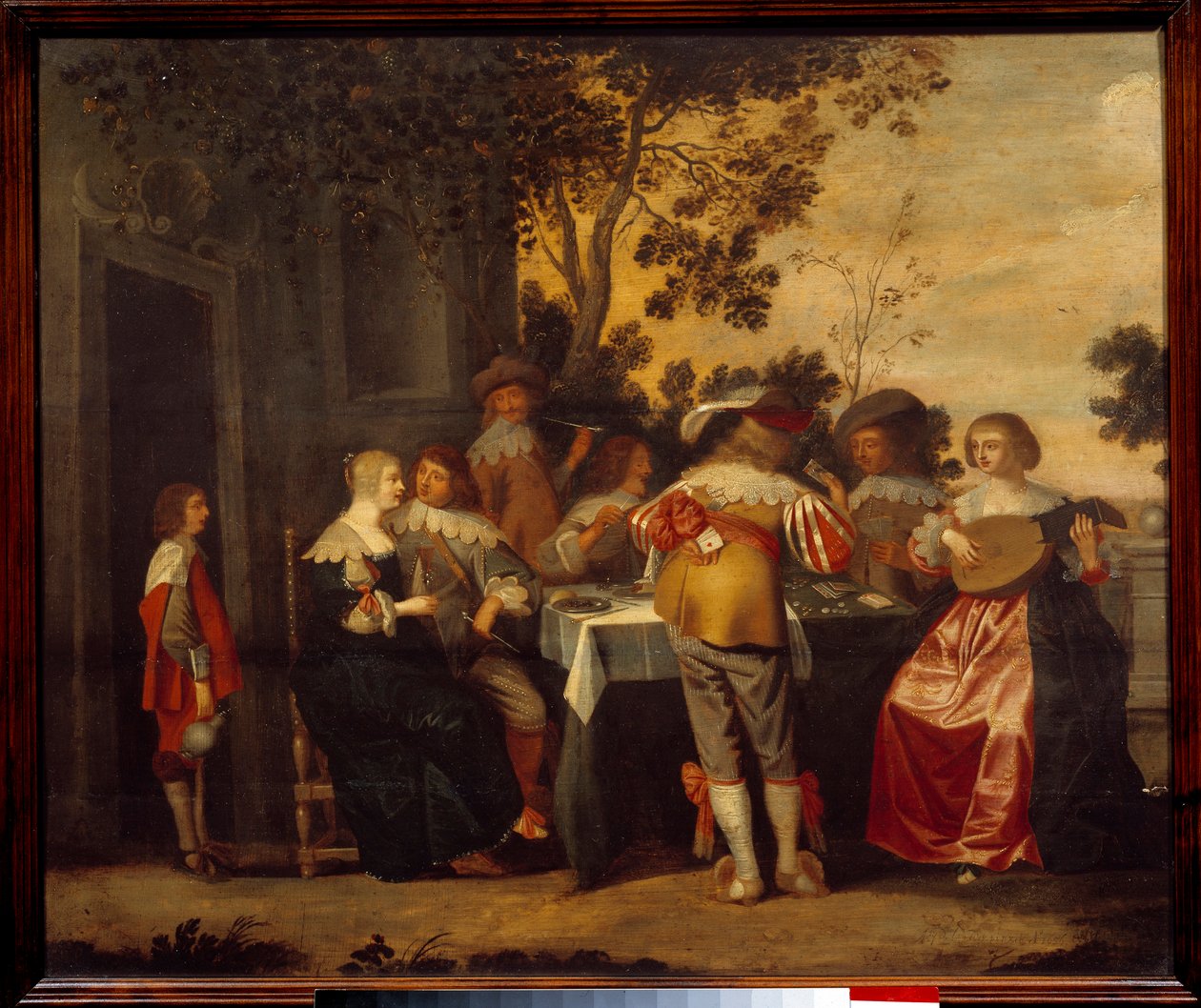 Gallant Scene -korttipeli, jossa on pari pelaajaa ja muusikko. Anonyymi maalaus. 1600-luvun Lille, Musee des Beaux Arts tekijältä Anonymous Anonymous