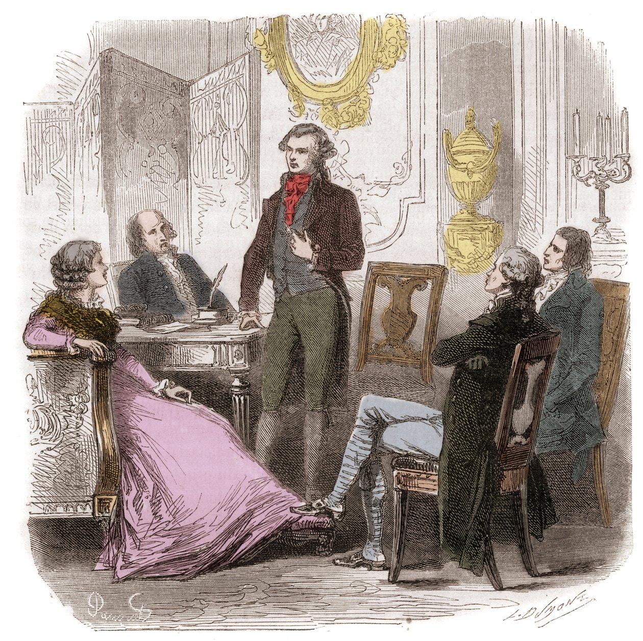 Girondinit kotona Madame Roland - Reunion des Girondins chez Madame Roland (Manon (Jeanne Marie) Roland Philipon) (1754-1793) - Kaiverrus Alphonse de Lamartinen (1790-1869) "Histoire des Girondins" -kirjaan (1790-1869) 1865 - 1865 kokoelma tekijältä Anonymous Anonymous