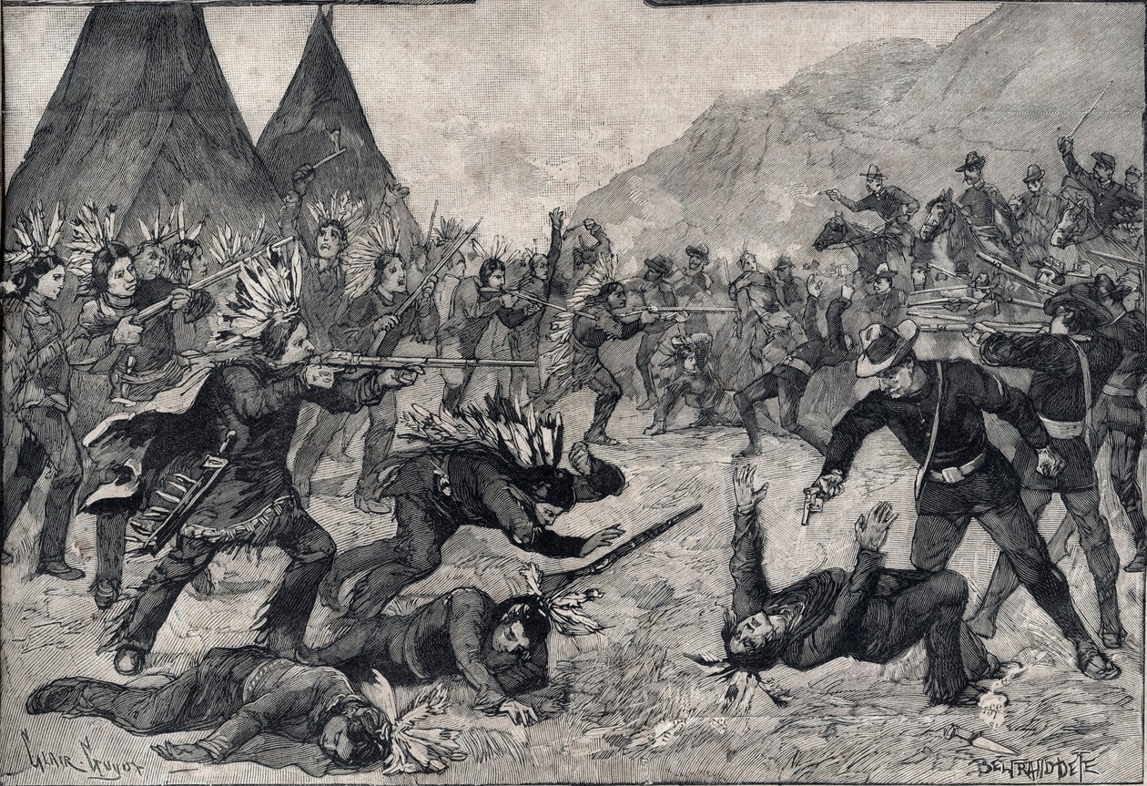 Intiaanikapina Yhdysvalloissa: taistelu Sioux-intiaanien ja amerikkalaisten joukkojen välillä. Kaiverrus "" Le petit Parisien"" vuodelta 1891. Yksityinen kokoelma. tekijältä Anonymous Anonymous