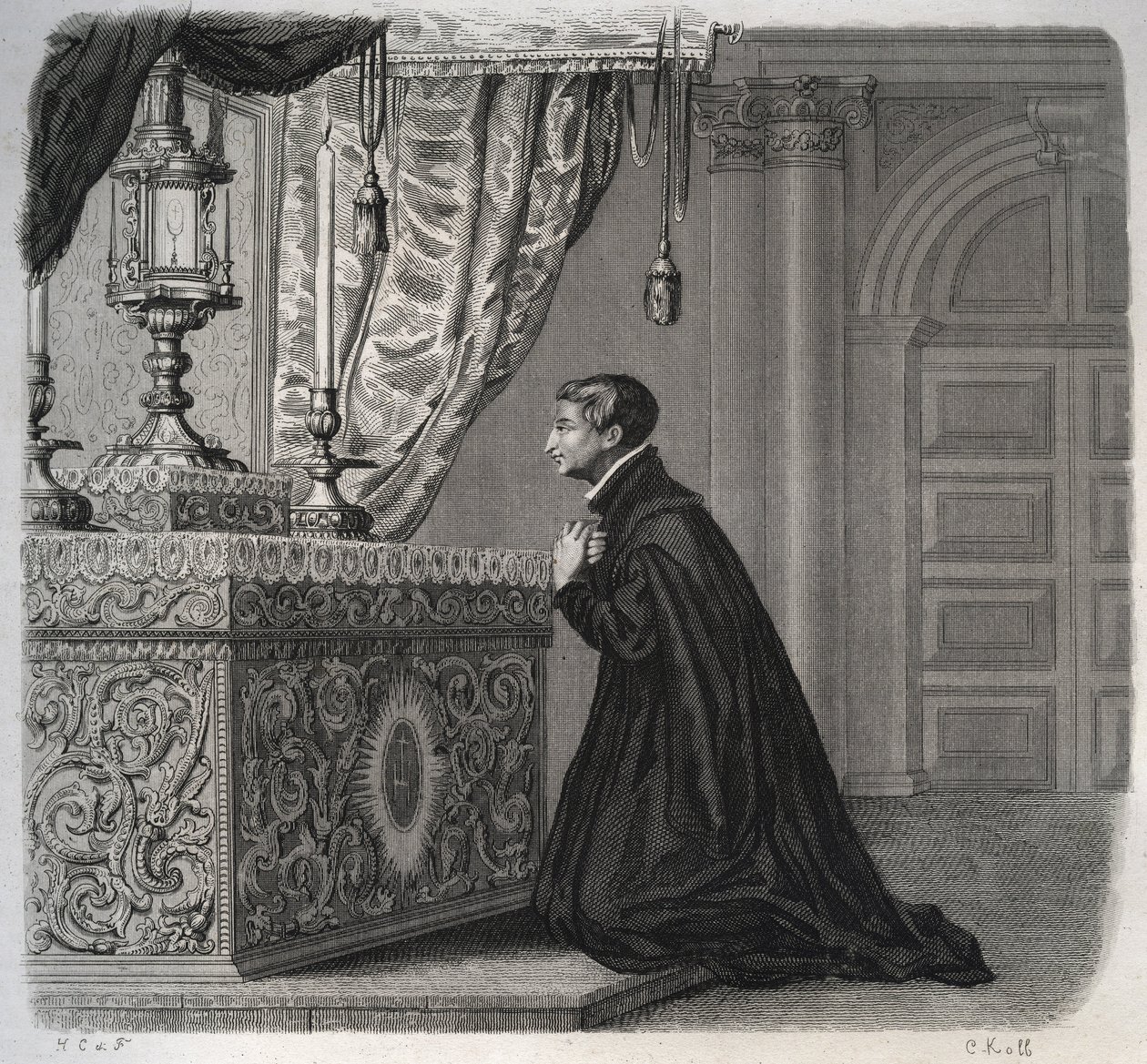 Italialainen jesuiitta Louis de Gonzague (San Luigi Gonzaga) (1568-1591) rukouksessa. Kaiverrus vuodelta 1846 kirjassa "Pyhien elämää". Yksityinen kokoelma. tekijältä Anonymous Anonymous
