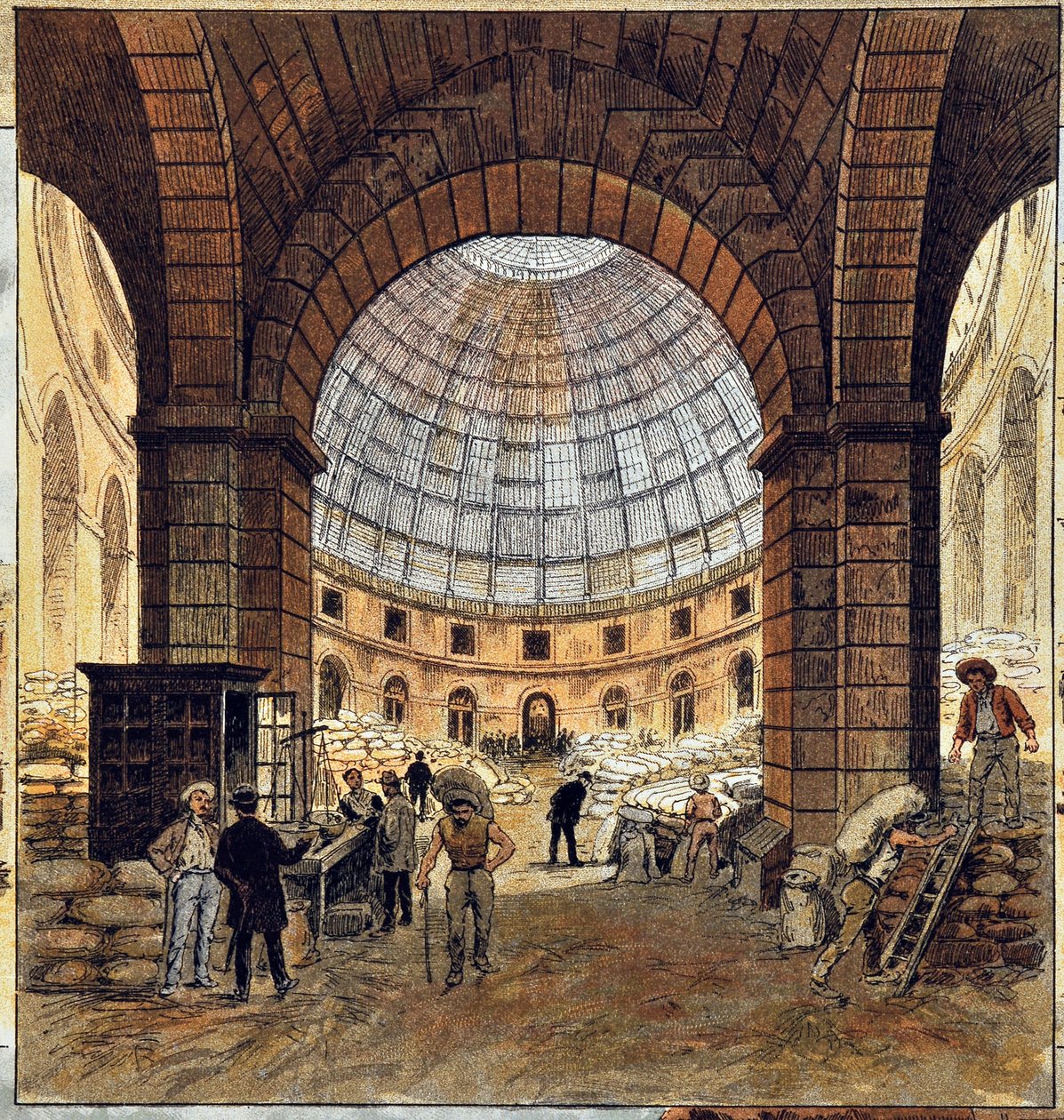 Deroyn Pariisin pörssi, Kaiverrus vuodelta 1887 "" Paris-Illustrous Newspaper Weekly -lehdessä". tekijältä Anonymous Anonymous