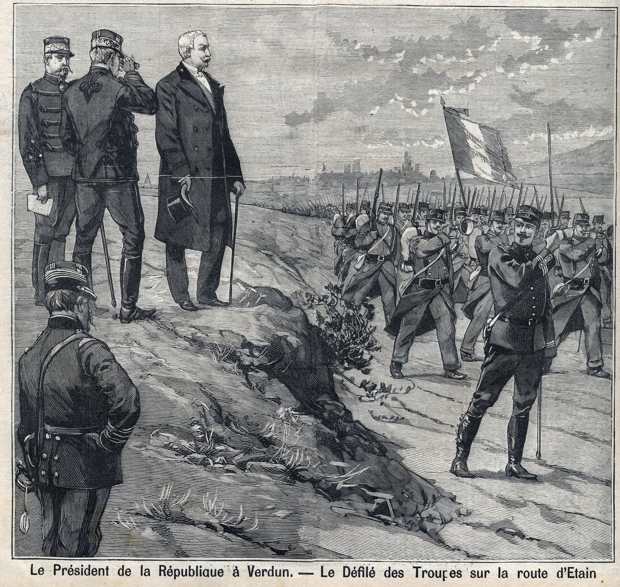 Tasavallan presidentti Felix Faure (1841-1899) vierailee Verdunissa (Maasissa), Etinin tien sotakoulun saastuttajana. Kaiverrus "" Le Petro Parisien"" tekijältä Anonymous Anonymous