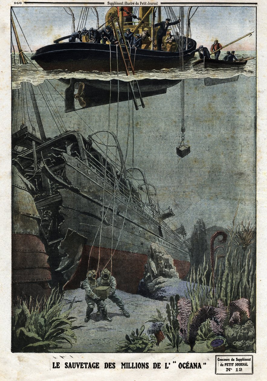 The Rescue of the Millions of the Oceana: Scaphandlers sukeltaa Eastbournessa hakemaan 18 miljoonaa metallia, jotka brittiläisen laivan piti kuljettaa Intiaan. Kaiverrus "" Le Petite Journalissa" 19.5.1912. Yksityinen kokoelma. tekijältä Anonymous Anonymous