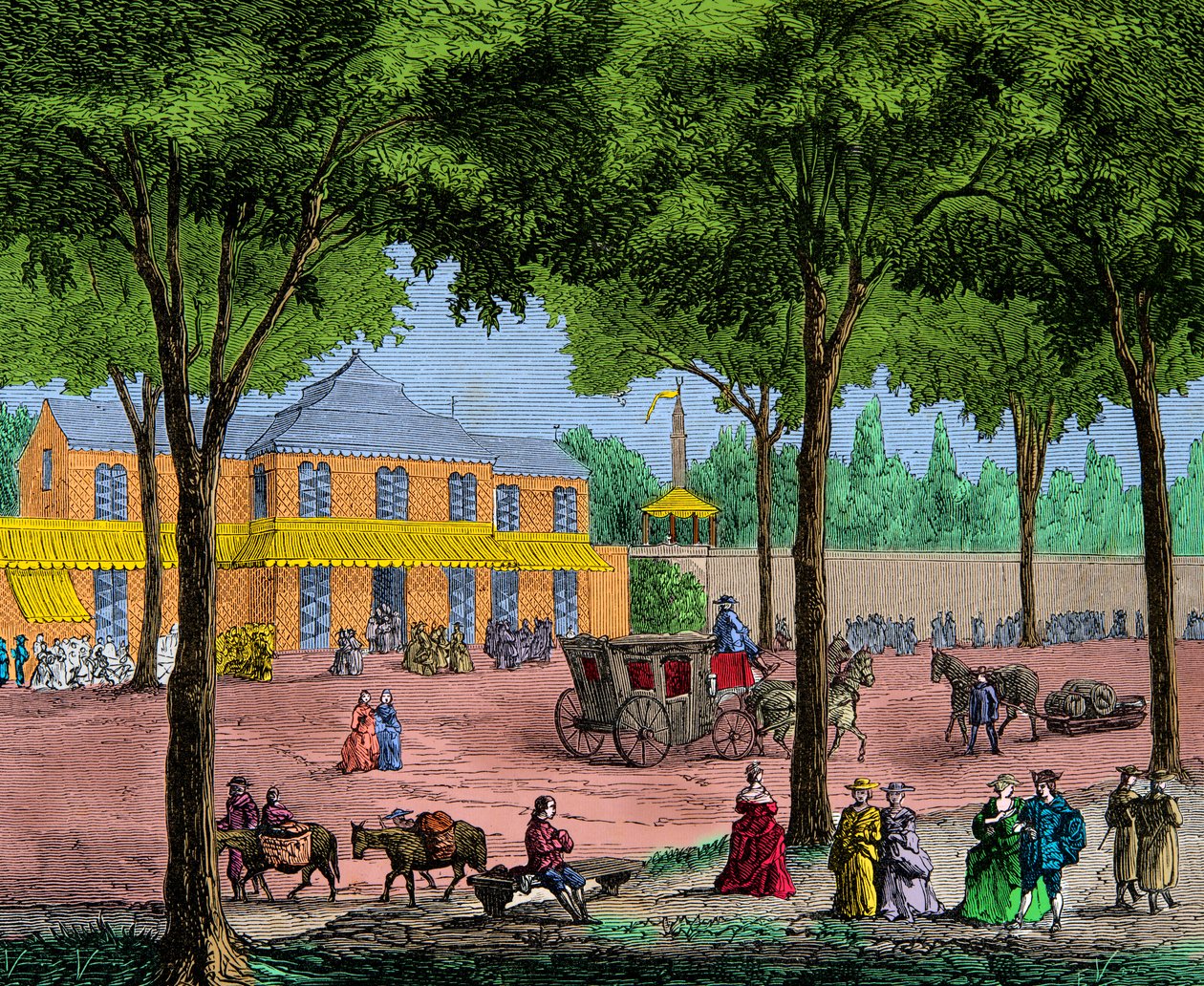 Turkkilainen kahvila Boulevard du Temple -kadulla Pariisissa vuonna 1780, kaiverrus, yksityinen kokoelma tekijältä Anonymous Anonymous