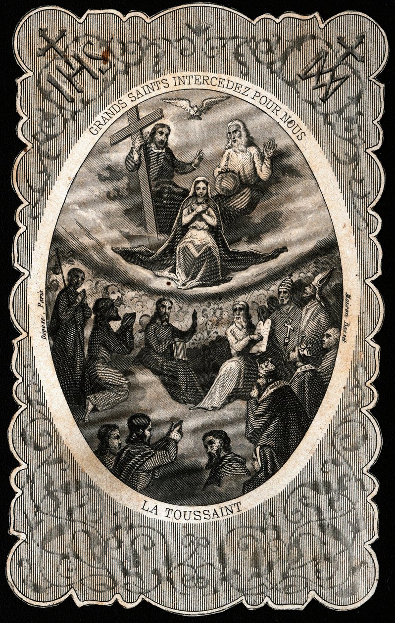 Neitsyt Maria Pyhän Kolminaisuuden kanssa (Jumala, Jeesus Kristus ja Pyhän Hengen kyyhkynen). Dentelee kortti. 1800-luvulla. Yksityinen kokoelma tekijältä Anonymous Anonymous