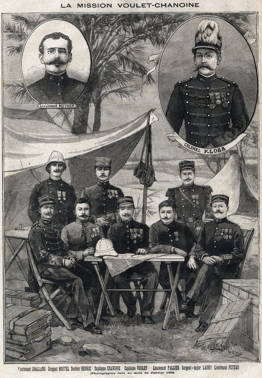 Voulet Chanoine -tehtävä (Voulet-Chanoine) Ranskan retkikunta Tšadin siirtomaavalloittamiseksi: luutnantti Octave Meynierin (1874-1961) ja eversti Arsene Klobbin (1857-1899) muotokuva, alhaalta oikealle: luutnantti Boualland, kersantti tekijältä Anonymous Anonymous