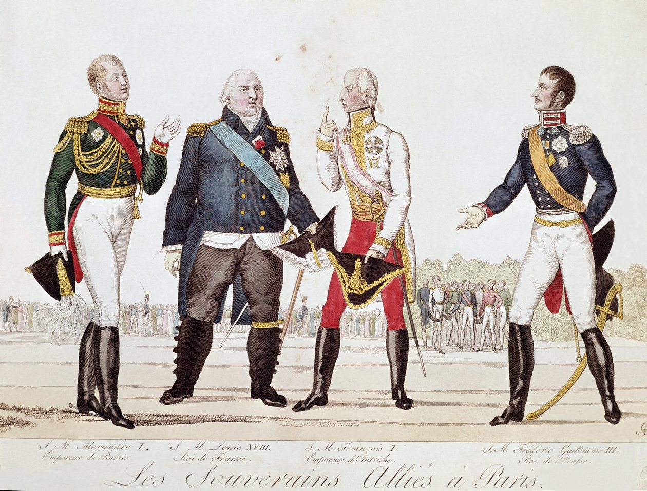 Liittoutuneet hallitsijat: Aleksanteri 1. Venäjä, Ludvig XVIII Ranska, Francois II Itävalta ja Frederich Vilhelm III Preussi allekirjoittaessaan liiton Pariisissa syyskuussa 1815 (litografia tekijältä Anonymous Anonymous
