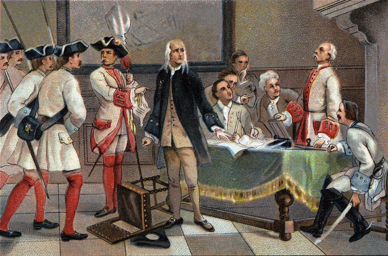 Francois Anneessensin pidätys vuonna 1719, koska hän oli Brysselin mellakan pääasiallinen yllyttäjä vuonna 1717. Antoinen suklaan mainoskromolitografia Brysselissä, 1900-luvun alussa. Yksityinen kokoelma tekijältä Anonymous Anonymous