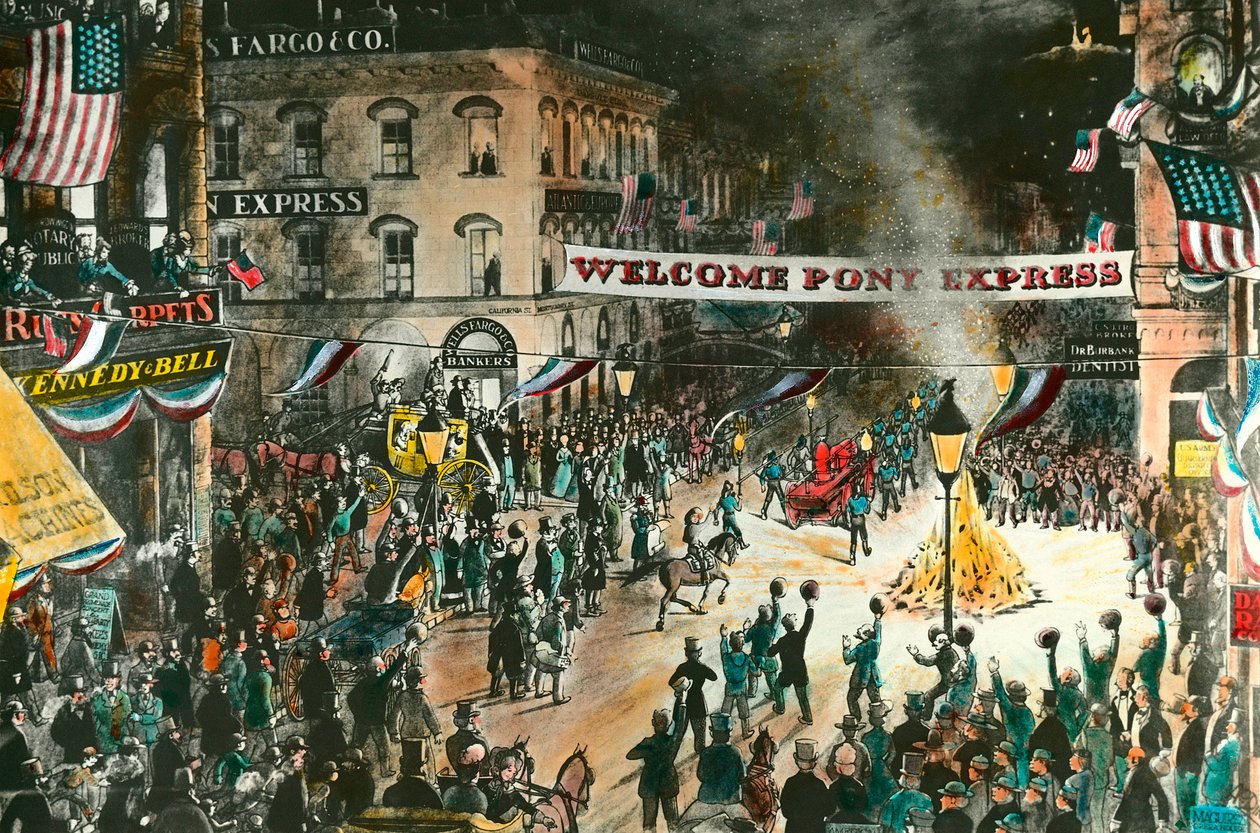 Pony Expressin saapuminen Pony Express oli viesti, jonka tarkoituksena oli yhdistää Missouri Kaliforniaan jakamalla postia. Kaiverrus 1800-luvulta. Yksityinen kokoelma tekijältä Anonymous Anonymous