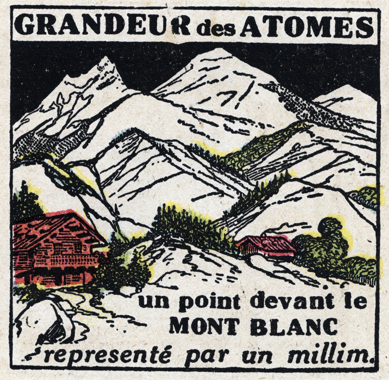 Atomi ja tiede: atomien koko. Mont Blancin edessä oleva piste, jota edustaa millimetri. Anonyymi kuvitus vuodelta 1925. Yksityiskokoelma. tekijältä Anonymous Anonymous
