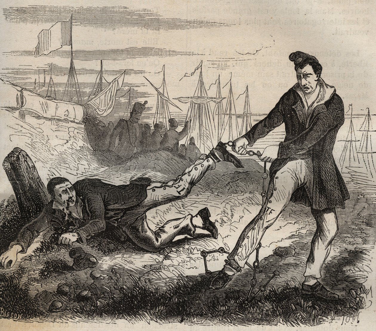 Voiman suurin piina on olla pariton. Taistelu kahden saman ketjun yhdistämän vangin välillä. Bagne de Rochefort 1800-luvulla. Kaiverrus teokseen "Vankiloiden historia niiden luomisesta nykypäivään" (1877), Pierre Zaccone (1817-1895) tekijältä Anonymous Anonymous