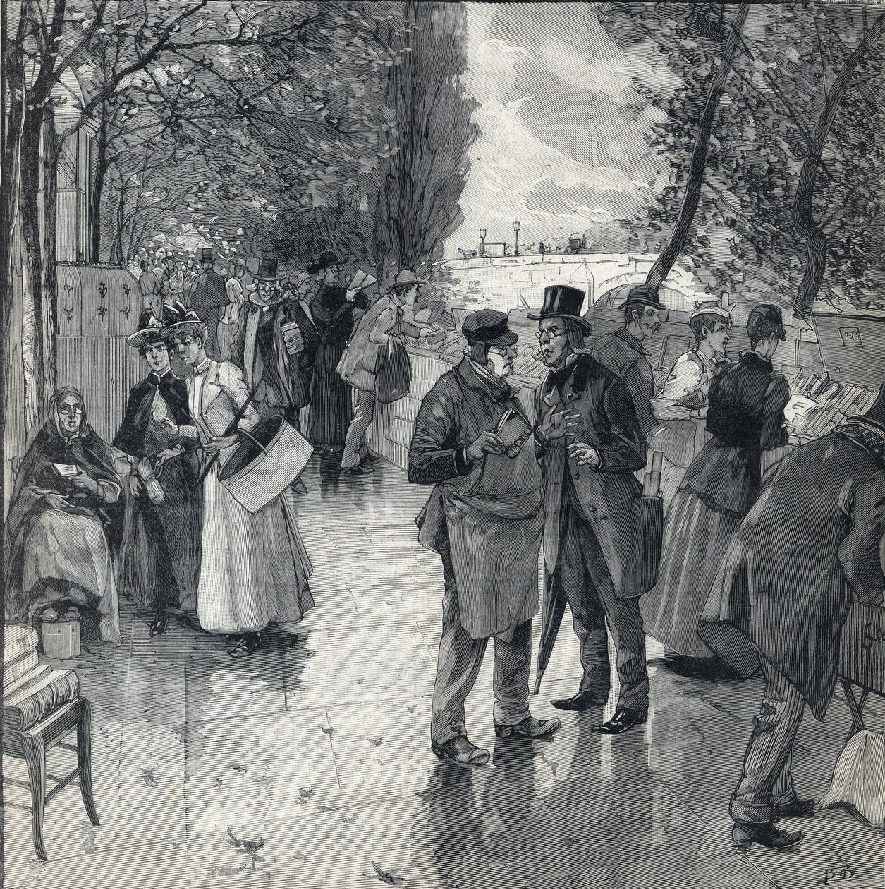 Kirja-kirja -kävely Pariisin laiturien rannoilla. Kaiverrus kirjassa "" Le petit parisien"" 30.10.1892. Yksityinen kokoelma tekijältä Anonymous Anonymous
