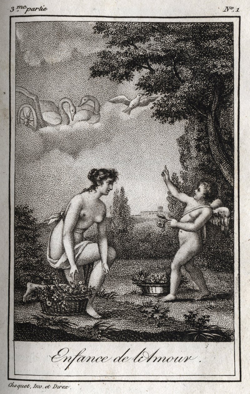 Rakkauden lapsuus. Kaiverrus vuodelta 1819 Charles Albert Demoustier