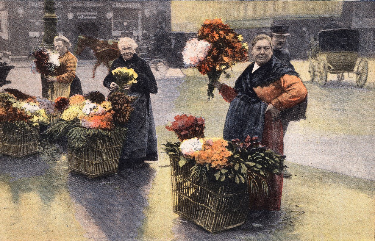Krysanteemijuhlat: krysanteemikauppias kadulla. Kaiverrus. Yksi sanomalehdestä "" Le petit parisien"" 20.11.1910. Yksityinen kokoelma. tekijältä Anonymous Anonymous
