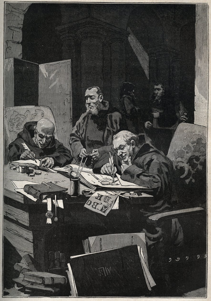 Krysografi: copistee-munkit, jotka suorittivat valaistusta kultakirjaimilla keskiajalla. Kaiverrus vuodelta 1885 kirjassa "Les arts et metiers illustres", kirjoittanut Adolphe BITARD. tekijältä Anonymous Anonymous