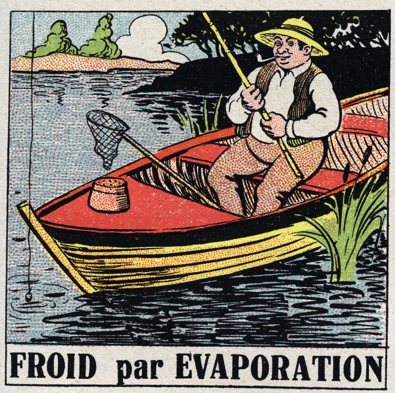 Kylmäteollisuus: kylmä haihduttamalla. Kalastaja veneessään pysyy viileänä joen veden haihtumisen ansiosta. Anonyymi kuvitus vuodelta 1925. Yksityiskokoelma. tekijältä Anonymous Anonymous