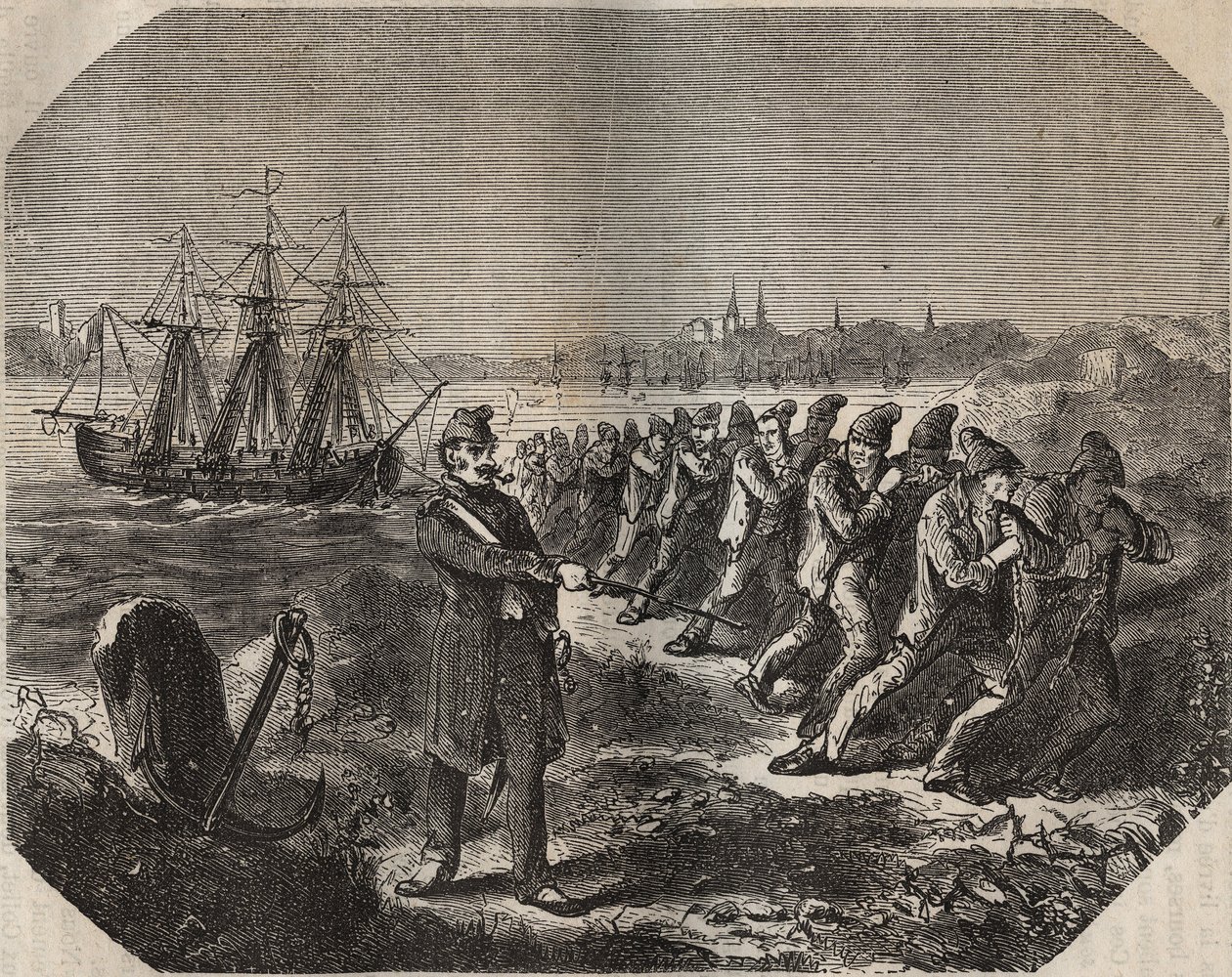 Cordelli (suuren väsymyksen teos) Bagne de Rochefortissa 1800-luvulla. Kaiverrus kirjaan "Vankiloiden historia niiden luomisesta nykypäivään" (1877), Pierre Zaccone (1817-1895) (Colonia Penale - Rangaistussiirtokunta) tekijältä Anonymous Anonymous