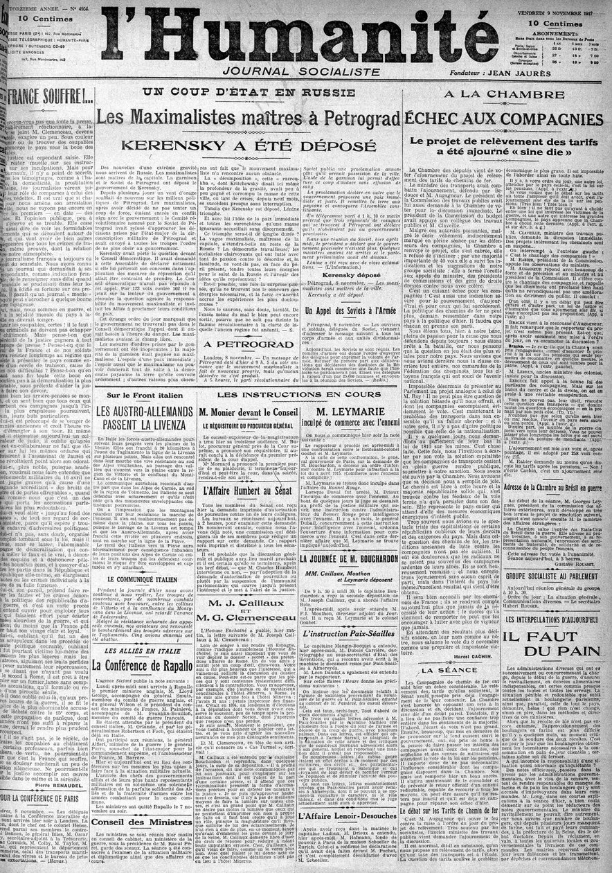Vallankaappaus Venäjällä sosialistisen sanomalehden "Humanity" otsikoissa. Otsikot: "Mestarit Maximalistit Petrogradissa", "" Kerenski talletettiin""" (Kerenski), 11.9.1917. tekijältä Anonymous Anonymous