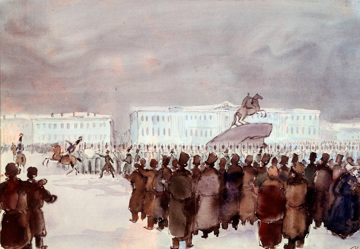 Väkijoukko Senaatin aukiolla dekabristien kapinan aikana vuonna 1825. Pietarissa 14. joulukuuta 1825 järjestetyn lujasti tukahdutetun vallankaappausyrityksen dekabristit tai dekabristit, joiden tarkoituksena oli saada tulevalta tsaarilta perustuslaki halli tekijältä Anonymous Anonymous