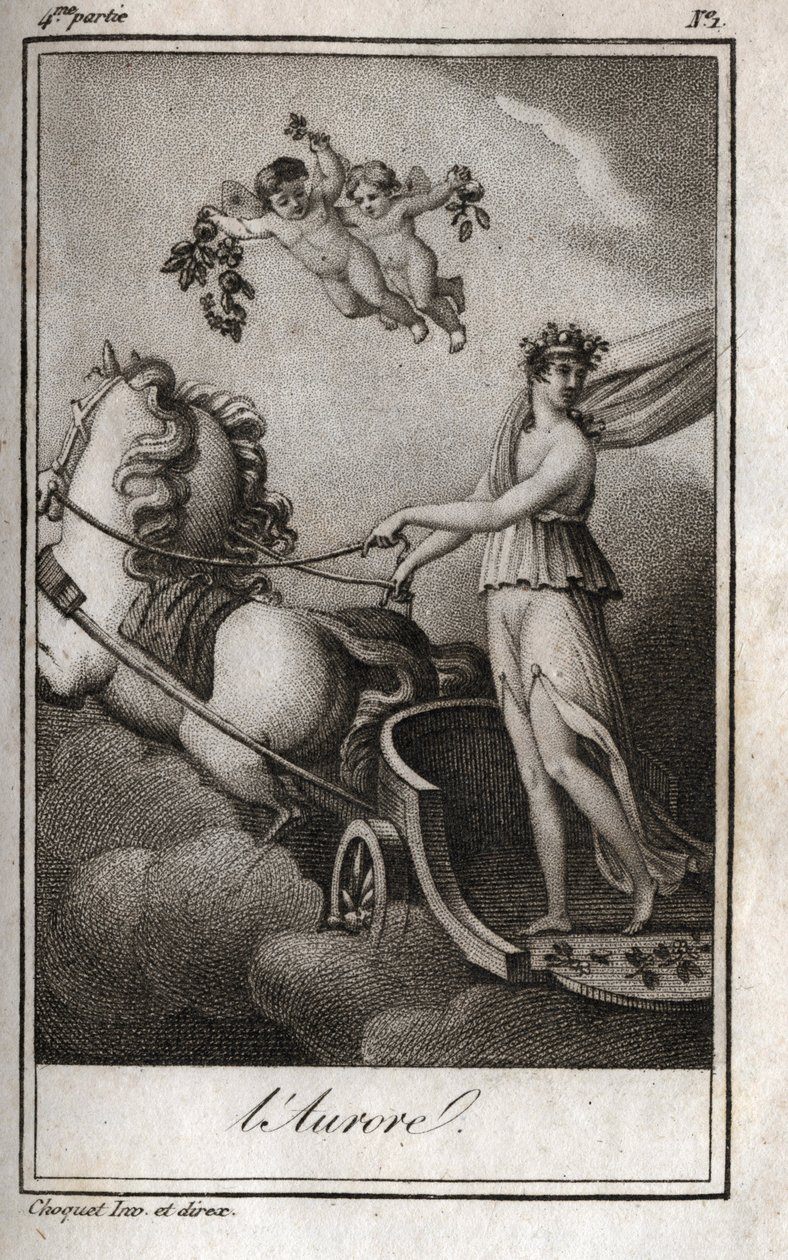 Aamunkoitto (Apollo ohjaa auringon vaunuja). Auringonnousun allegoria. Kaiverrus vuodelta 1819 Charles Albert Demoustier