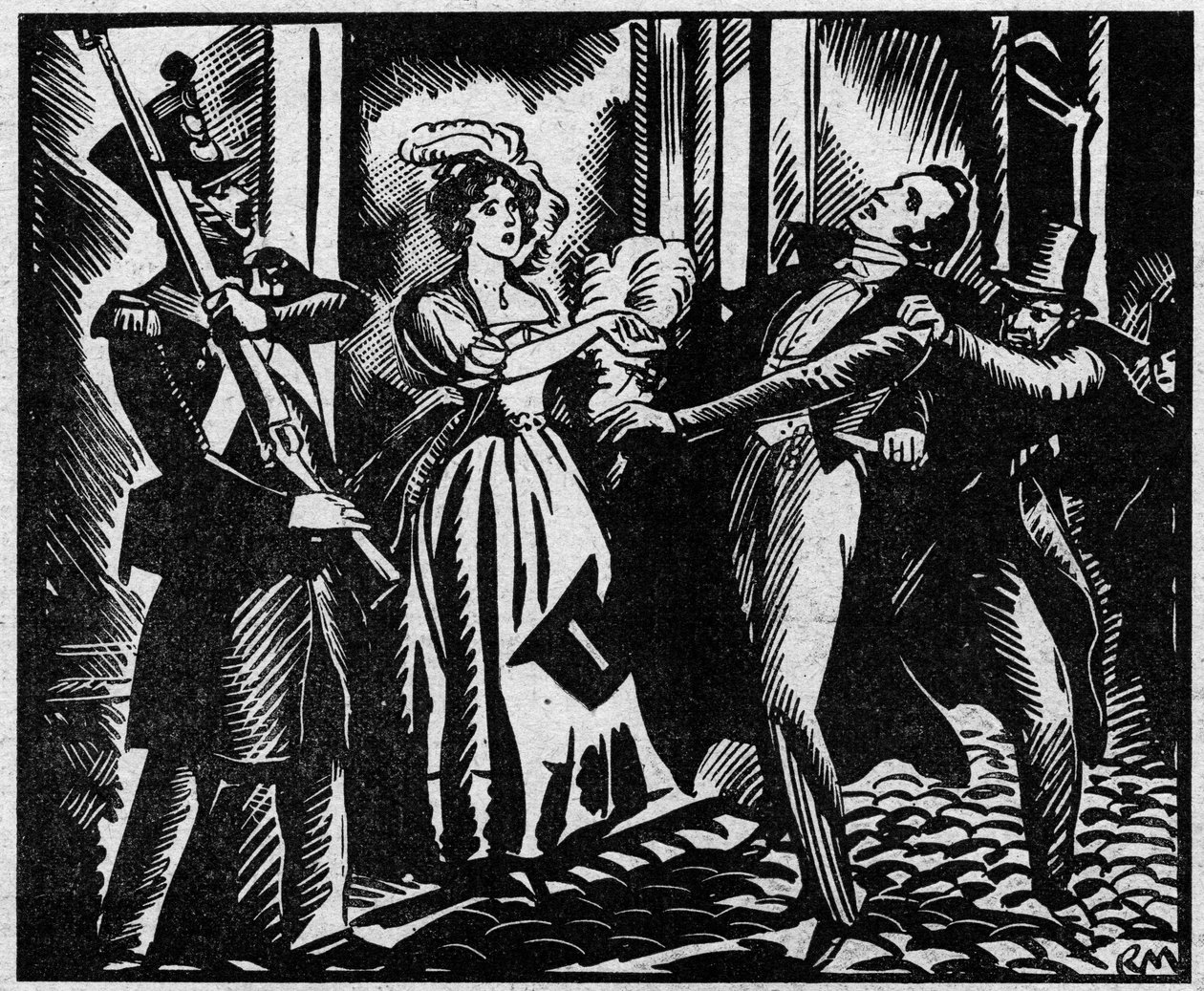 Berryn herttuan (1778-1820) kuolema 13.2.1820 kuninkaallisessa musiikkiakatemiassa”” Kuningas Ludvig XVIII:n veljenpoika murhataan oopperassa Louvelin toimesta, joka haluaa tukahduttaa kuninkaallisen dynastian. Kuva otettu julkaisusta "" Le petit journal i tekijältä Anonymous Anonymous