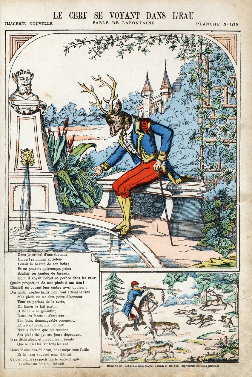 Hirvi näkee itsensä vedessä. Jean de LA FONTAINE (Lafontaine) (1621-1695) anonyymi kuvitus Les Fablesille. Kuvaus Pont-a-Moussonista, noin 1880. Yksityinen kokoelma. tekijältä Anonymous Anonymous
