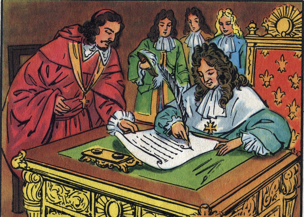 Ludvig XIV:n 18. lokakuuta 1685 allekirjoittama Fontainebleaun muokkaus peruutti Henri IV:n vuonna 1598 myöntämän Nantesin julkaisun. Nimetön kuvitus kokoelmassa ”Collection des souverains et chefs d
