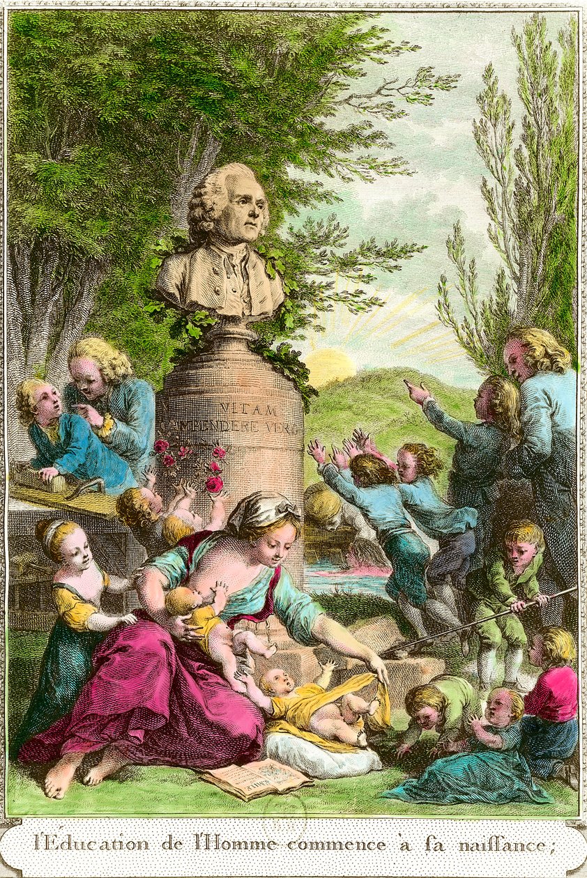 Ihmisen koulutus alkaa hänen syntymästään: äidit lastensa kanssa sekä rintakuva sveitsiläiselle filosofille Jean Jacques Rousseaulle (1712-1778). Kaiverrus 1700-luvun yksityiskokoelmasta tekijältä Anonymous Anonymous