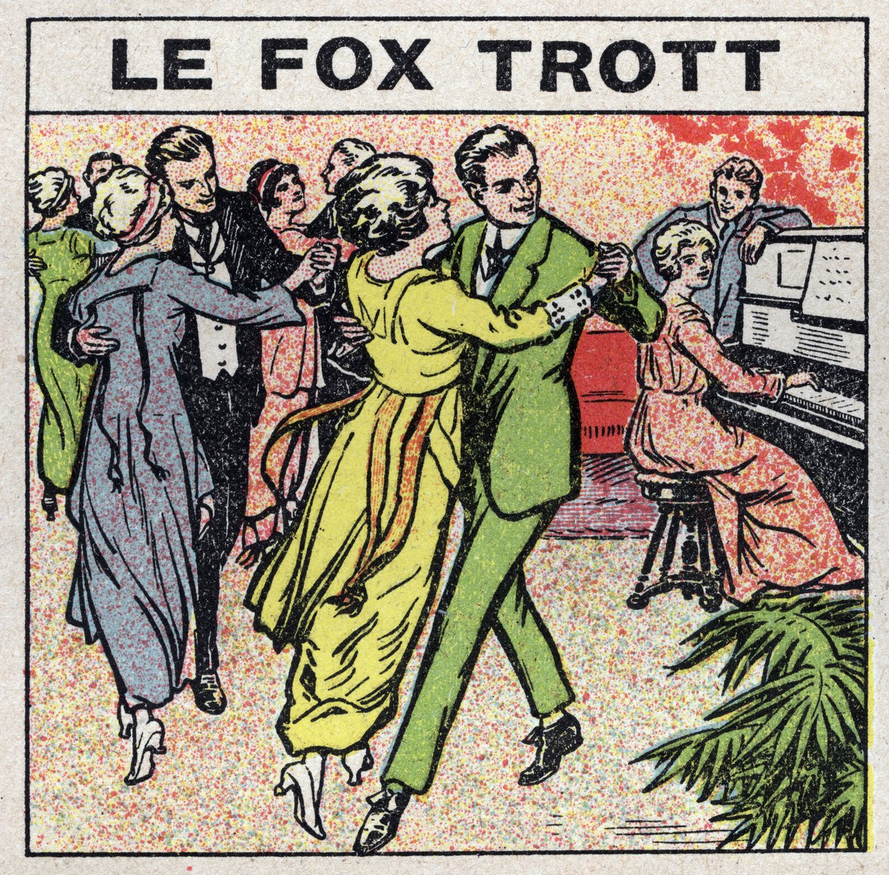 Musiikin vaikutukset: parit tanssivat Fox Trot (Fox Trot) sosiaalisessa illassa. Anonyymi kuvitus vuodelta 1925. Yksityiskokoelma. tekijältä Anonymous Anonymous