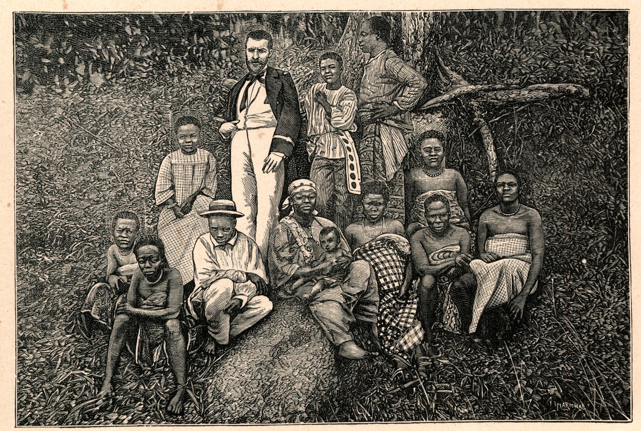 Tutkija Pierre Savorgnan Brazzasta (1852-1905) ja ryhmä alkuperäiskansoja kahden Guinean apostolisesta vikariaatista (Kaksi Guineaa) Gabonista. Kaiverrus "Les Missions Catholiques au XIXeme Siecle" Louis-Eugene (Louis Eugene) Louvet. PR tekijältä Anonymous Anonymous