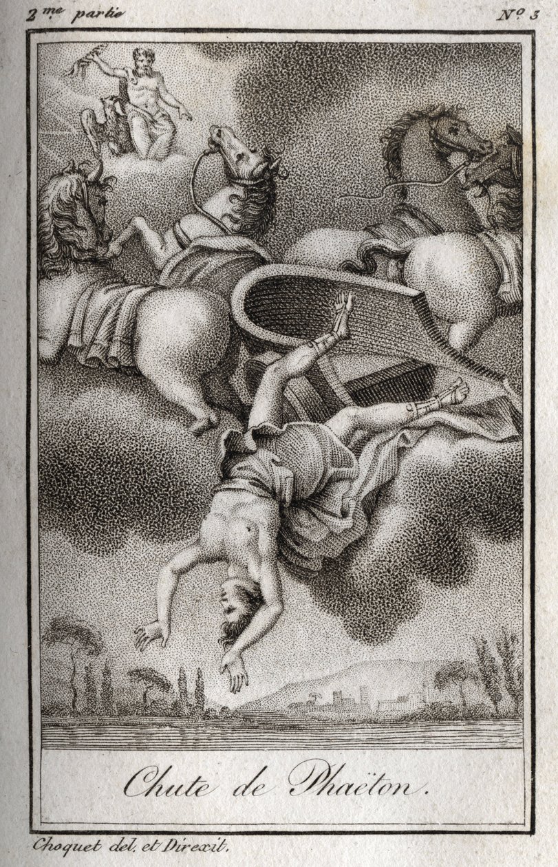 Phaetonin putoaminen Phaeton (Phaethon), joka ei kyennyt hallitsemaan Helios-tankkia, osui Zeusin ja putosi Eridan-jokeen. Kaiverrus vuodelta 1819 Charles Albert Demoustier
