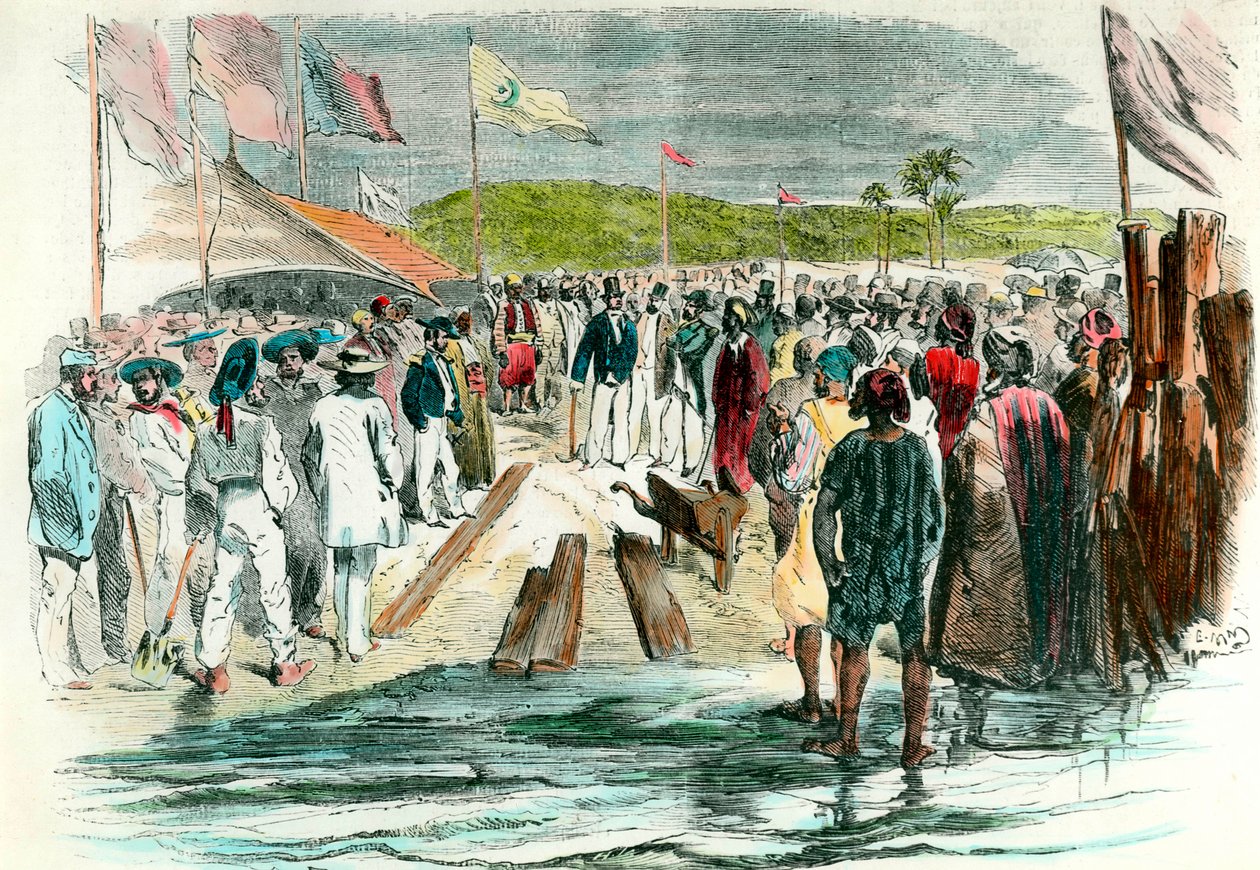 Ensimmäinen nouto Suezin kanavan poraustöiden avajaisissa 25. huhtikuuta 1859 Egyptin rakennustyömaa, jonka tarkoituksena oli yhdistää Punainenmeri Välimereen, kesti vuoteen 1869. Kaiverrus 1800-luvun kokoelmasta Particuliere tekijältä Anonymous Anonymous