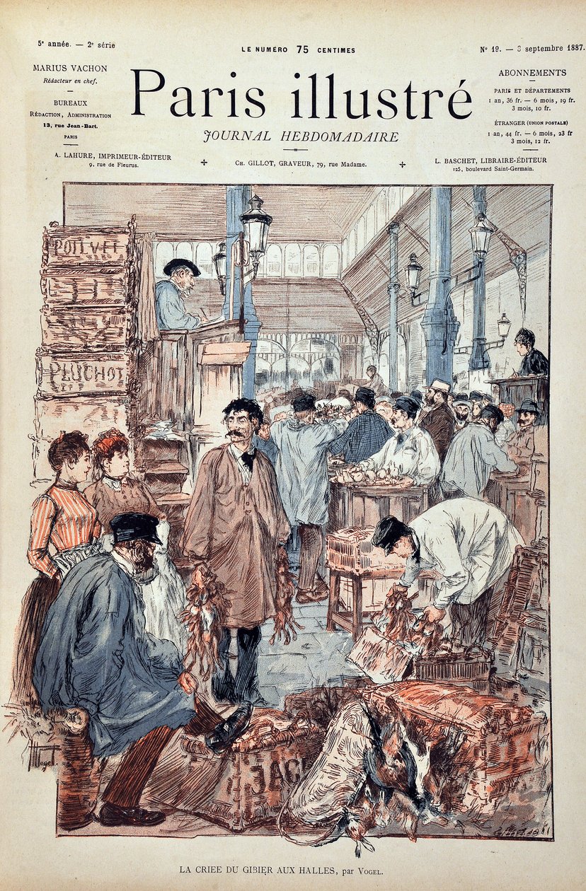 Pelin huuto Halles de Parisissa vuonna 1887. Kuvitus: Hermann Vogel (1856-1918). Kaiverrus vuodelta 1887 "" Paris-Illustrous Journal -viikkolehdessä"". tekijältä Anonymous Anonymous
