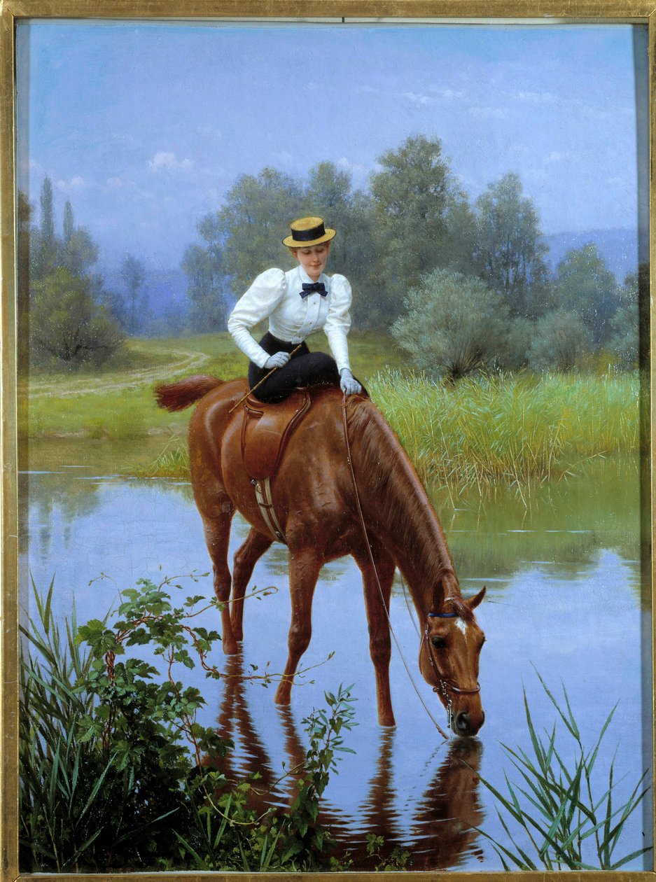 Pysähdys Amazonissa nouseva nuori nainen pysähtyy juottamaan hevostaan. Anonyymi maalaus, 1900-luku Yksityinen kokoelma - The Halt. Sivusatulassa ratsastava nuori nainen pysähtyy juomaan hevostaan. Anonyymi maalaus, 1900-luku. Yksityinen kokoelma tekijältä Anonymous Anonymous