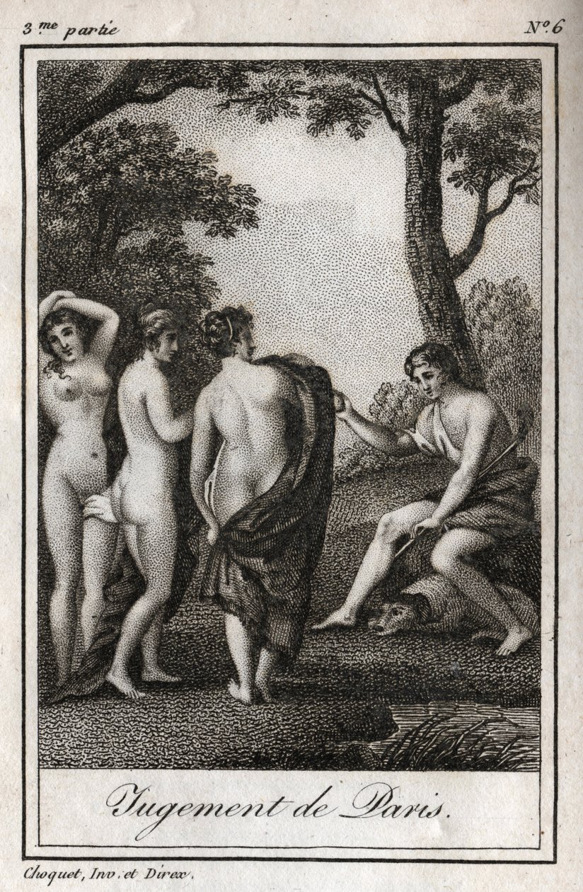 Pariisin tuomio Paimen Parisin on valittava, kenelle hän antaa kultaisen omenan, joka suunnittelee kolmesta jumalattaresta kauneimman, Athenan, Afroditen tai Heran. Kaiverrus vuodelta 1819 Charles Albert Demoustierin kirjaan "Lettres a Emilie sur la mythol tekijältä Anonymous Anonymous