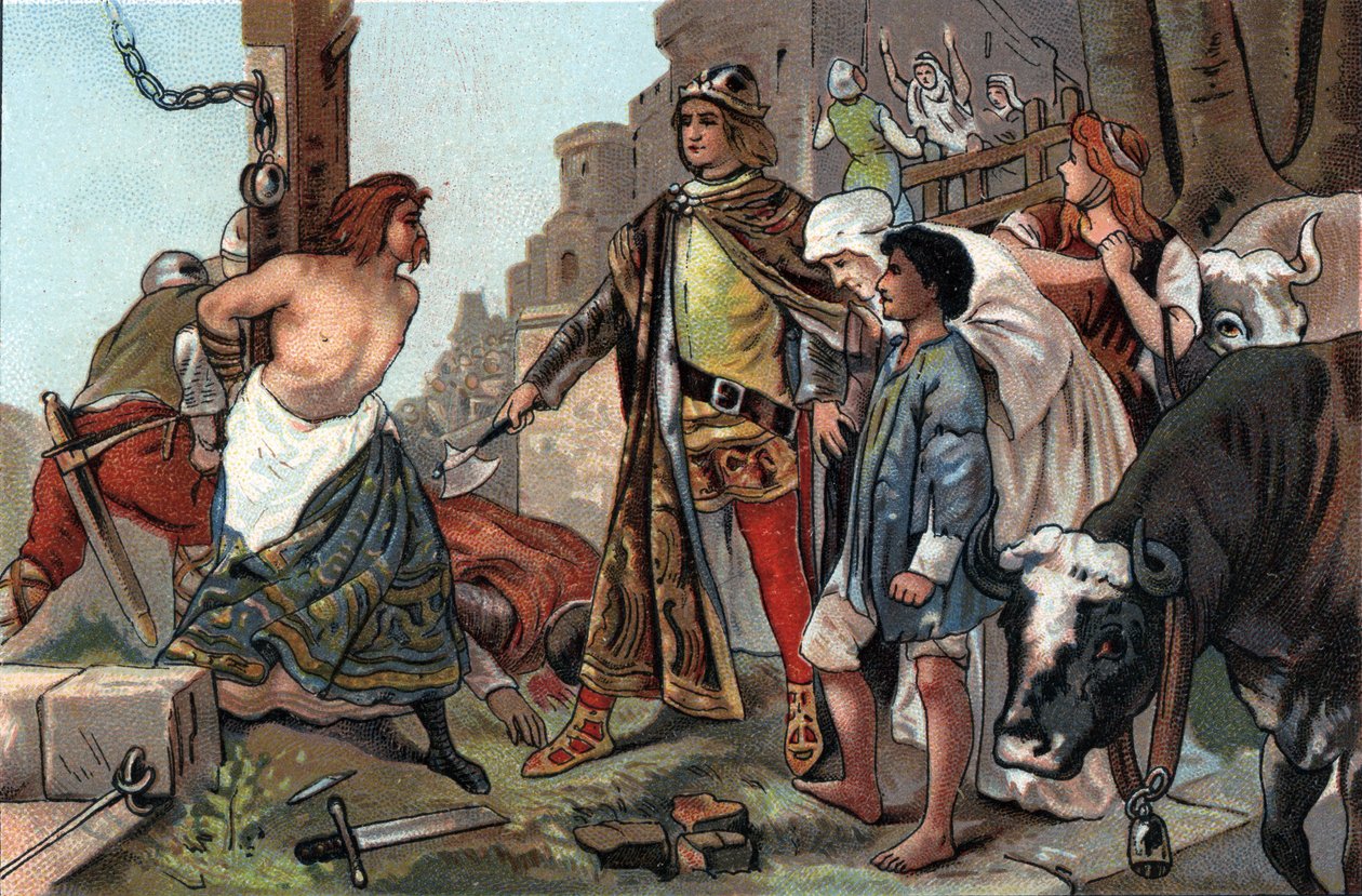 Baudouin VII:n (1092-1119) tuomari sanoi Flanderin kreivi kirveelle. Antoinen suklaan mainoskromolitografia Brysselissä, 1900-luvun alku. Yksityinen kokoelma tekijältä Anonymous Anonymous