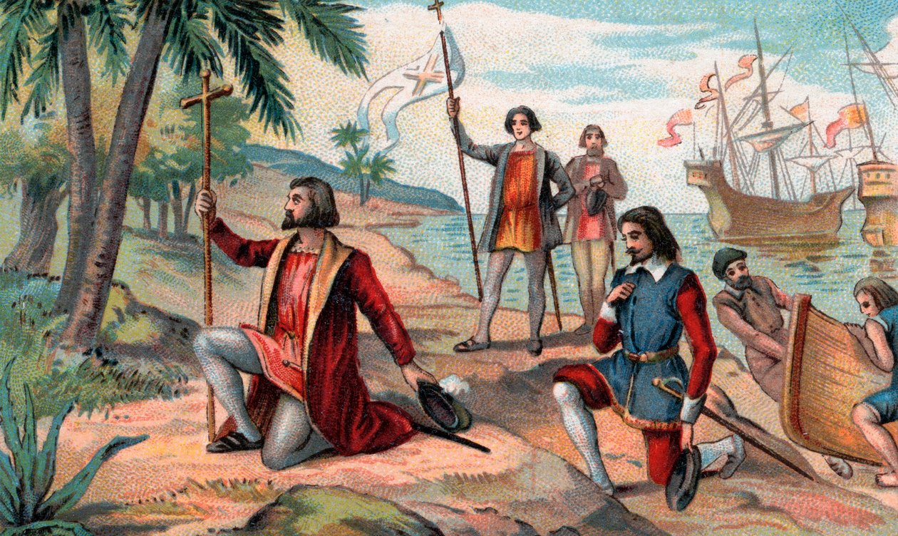 Christopher Columbuksen (Christopher Columbus, Cristoforo Colombo, Cristobal Colon) (1451-1506) laskeutuminen uuteen maailmaan tekijältä Anonymous Anonymous