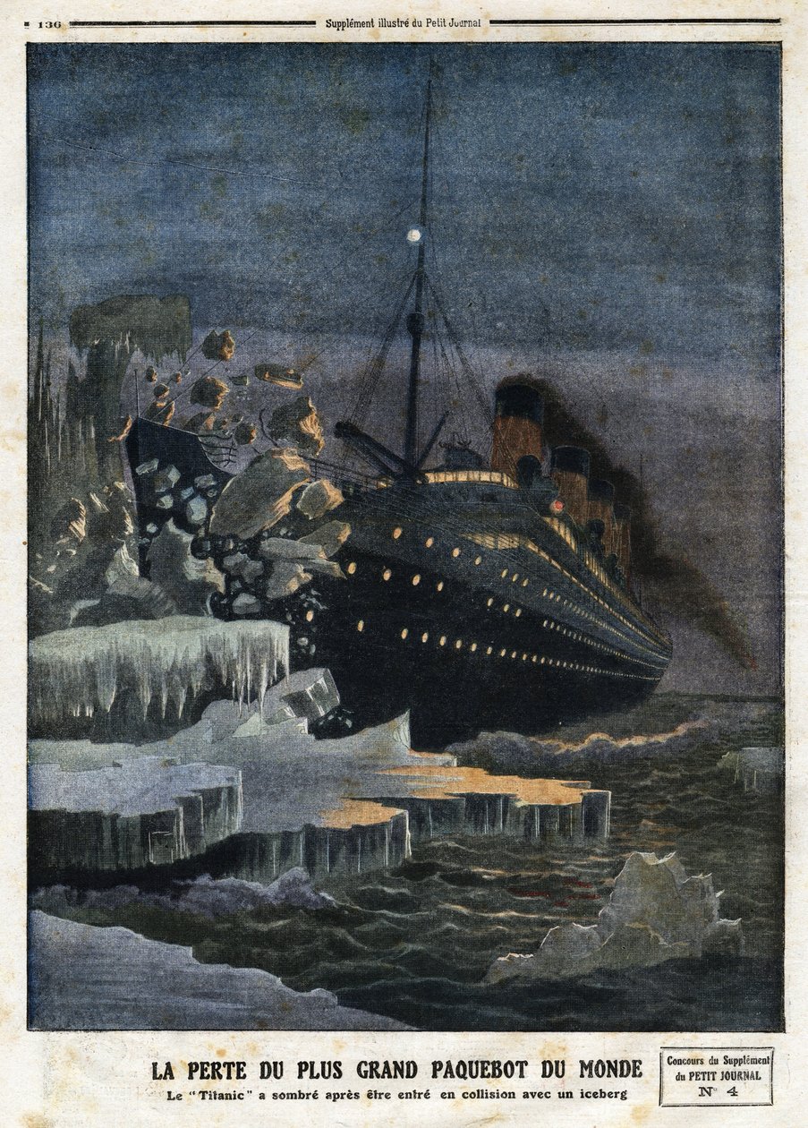 "" Maailman suurimman linja-auton menetys: "Titanic" on pimeä törmättyään jäävuoreen", kaiverrus "" Le Petit Journal" -lehdessä, 28.4.1912 tekijältä Anonymous Anonymous