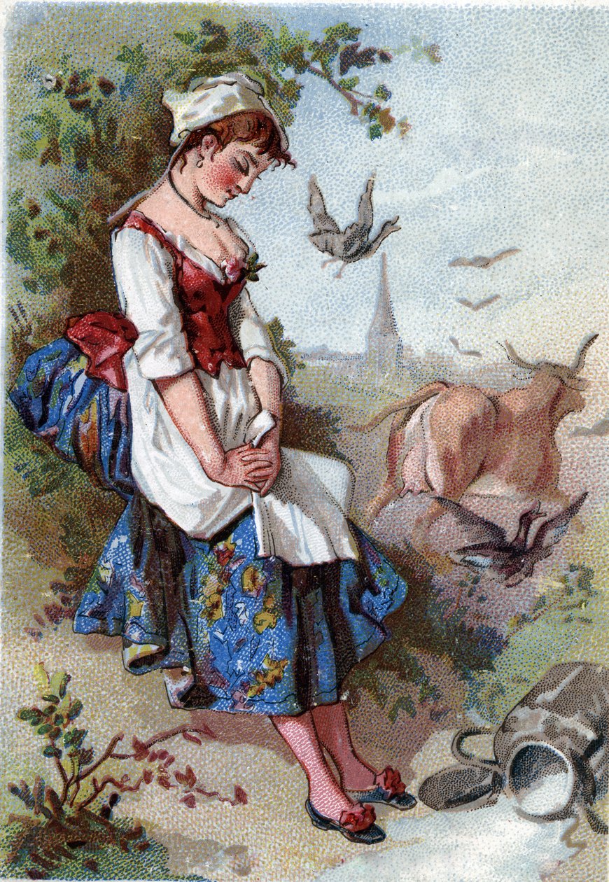 Maito ja maitopannu. Jean de La Fontainen (Lafontaine) satu (1621-95). 1800-luvun kromolitografia. Yksityinen kokoelma. tekijältä Anonymous Anonymous