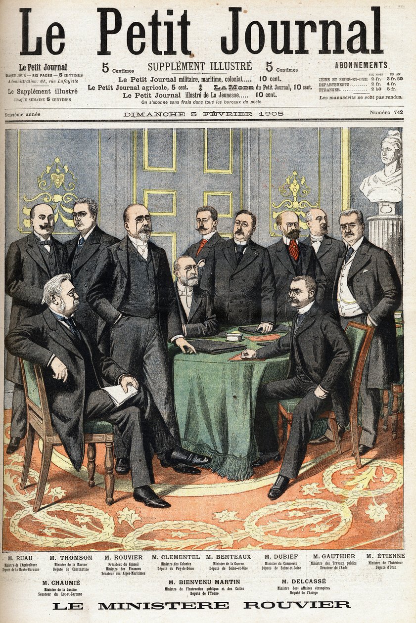 Rouvierin ministeriö: Alhaalta vasemmalta oikealle: Joseph Ruau (1865-1923), maatalousministeri Gaston Thomson (1848-1932), meriministeri Maurice Rouvier (1842-1911), neuvoston puheenjohtaja ja Valtiovarainministeri Etienne Clementel (186 tekijältä Anonymous Anonymous