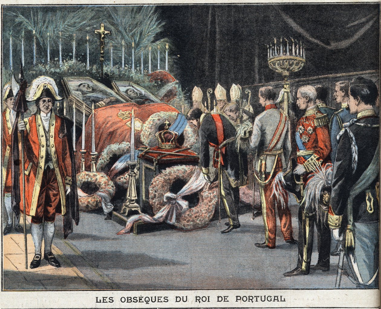 Portugalin kuninkaan Kaarle I:n (1863-1908) obsequet kuolivat salamurhassa 1. helmikuuta 1908. Kaiverrus "" Le Peute Parisien" -sanomalehdestä, 23.2.1908. Yksityinen kokoelma. tekijältä Anonymous Anonymous